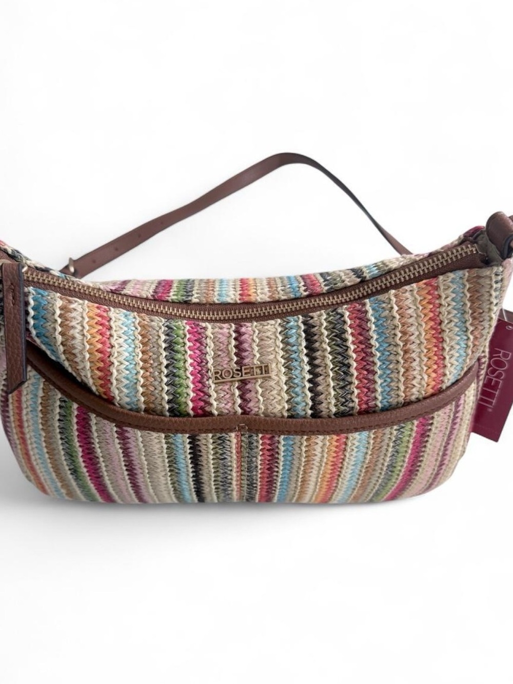 Rosetti Multicolor Striped Woven Shoulder Bag with Brown Trim